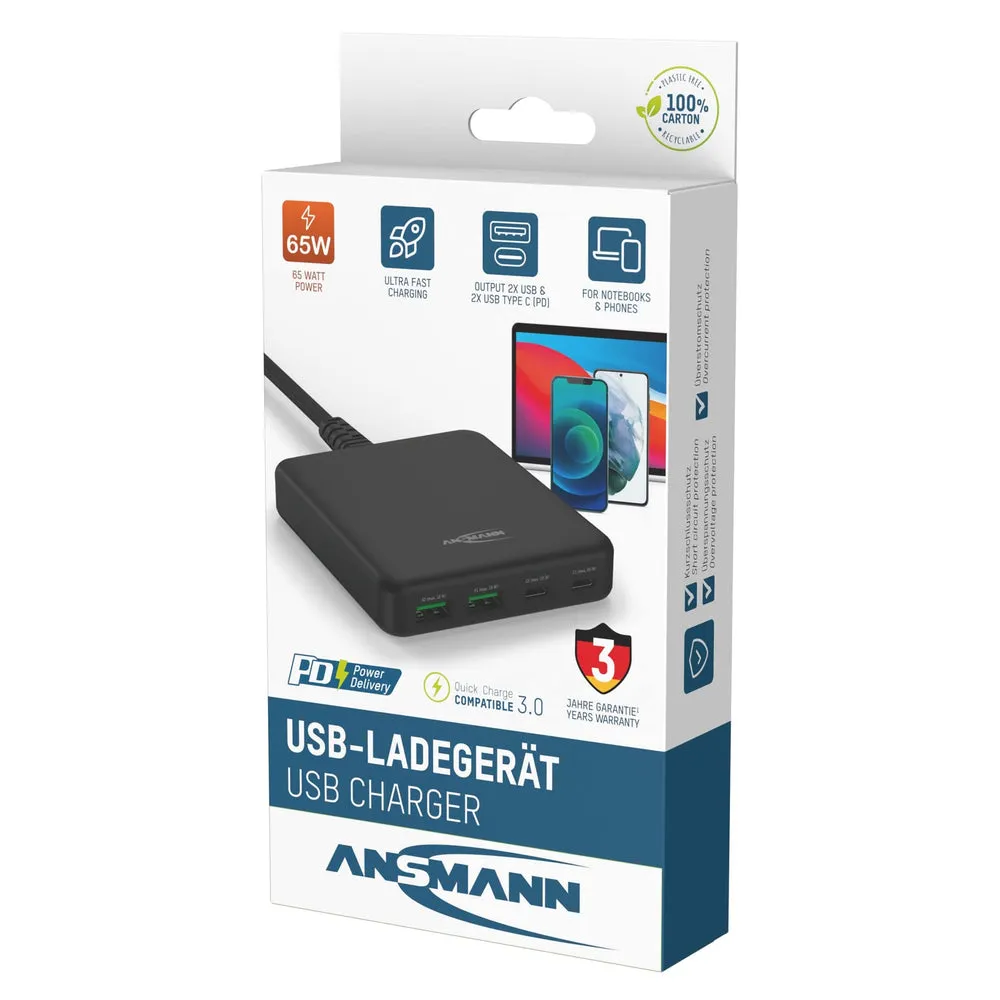 ANSMANN 4-port USB Desktop Charger with Power Delivery - 3.25A / 65W
