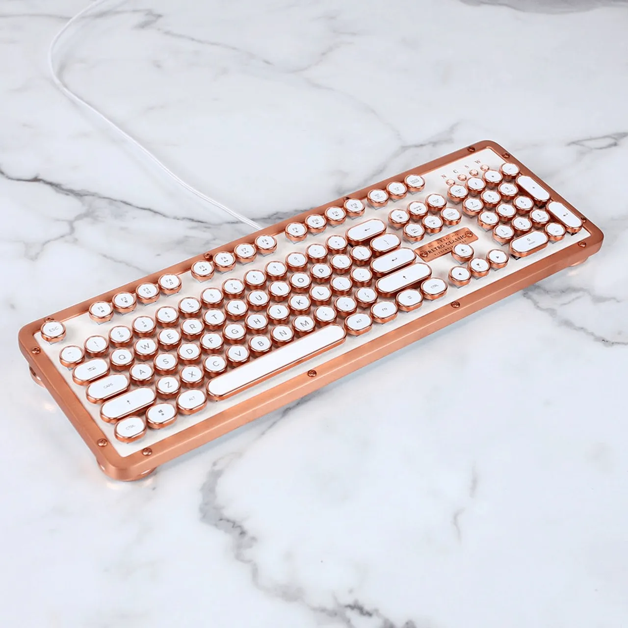 Azio Retro Posh Wired Mechanical Keyboard Full Size Typewriter Style Copper White