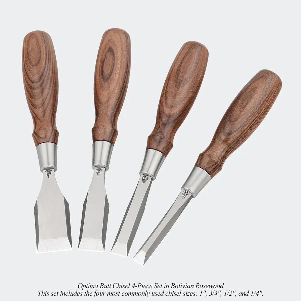 Blue Spruce Toolworks BTCSET4STSSBRW Butt Chisel 4 Pc Set Ss Ferrule, Standard, Bolivian Rosewood Handle