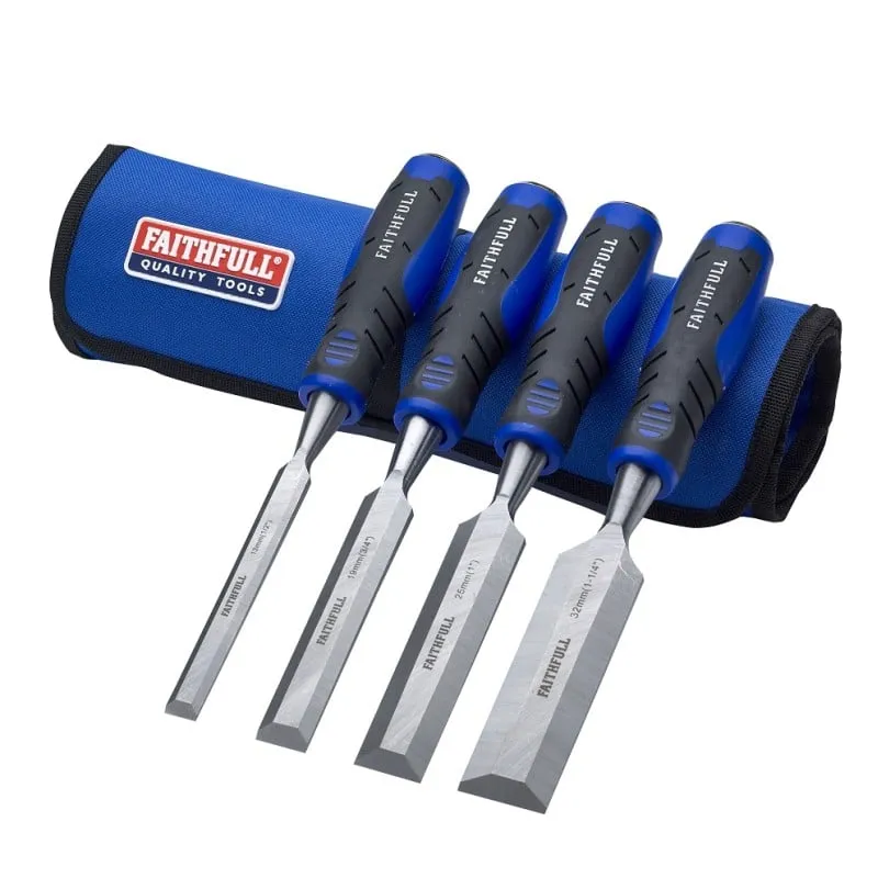 Faithfull Blue Wood Chisel 4pc Set and Storage Roll XMS24CHISEL4