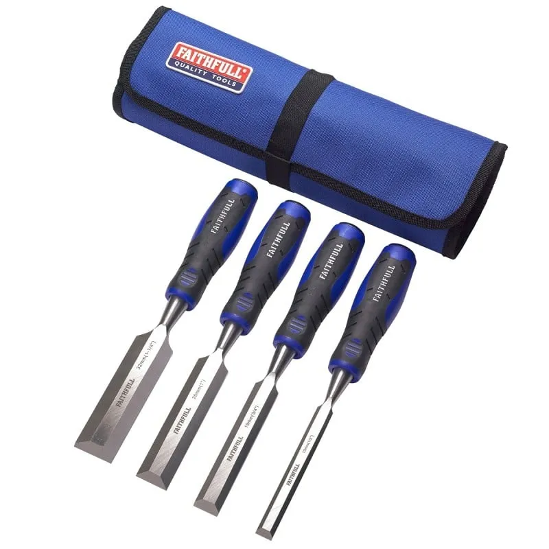 Faithfull Blue Wood Chisel 4pc Set and Storage Roll XMS24CHISEL4